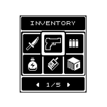 Pixel art inventory screen in retro monochrome style with weapon, gun, ammo and item icons, grid layout with navigation arrows and page indicator, suitable for RPG, shooter or adventure game interface