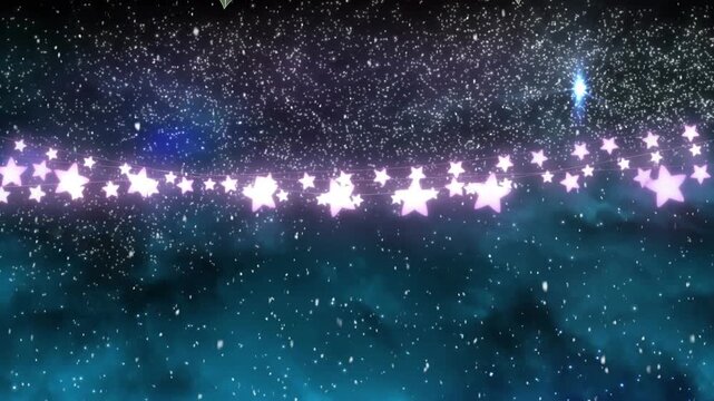 Animation of snow falling over christmas fairy lights decorations