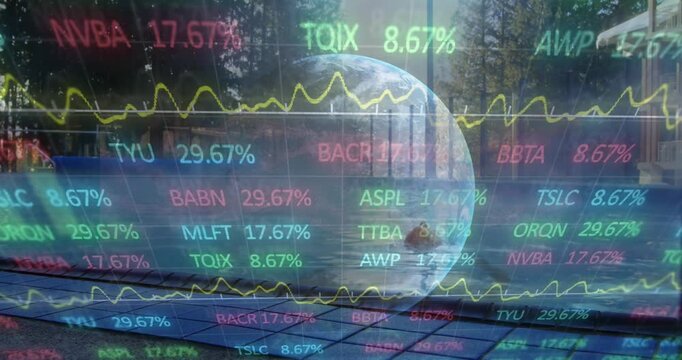 Animation of stock market data processing and spinning globe against man in swimming pool