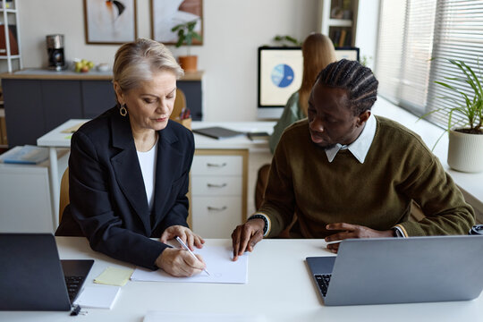 Medium shot of senior Caucasian businesswoman and young Black man reviewing paperwork and discussing strategy at office desk. Supporting teamwork, mentoring, corporate planning, professional services