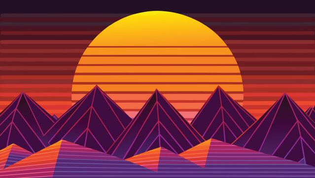 A vibrant synthwave landscape featuring stylized mountain peaks against a glowing striped orange sun