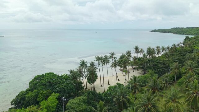 Aerial view of the serene Bobby Beach, showcasing the contrasting turquoise waters and lush green vegetation, Karimunjawa, Central Java, Indonesia.