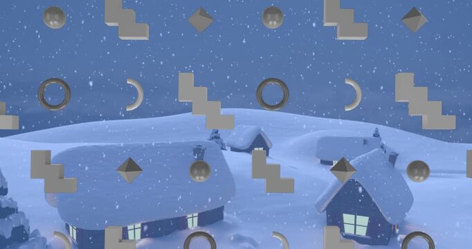 Animation of rows of abstract shapes pattern and christmas snow falling over winter scenery