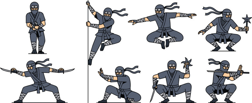 Ninja Action Poses Vector Set Featuring Sword Fighting, Throwing Stars, Stealth Movement, and Martial Arts Techniques