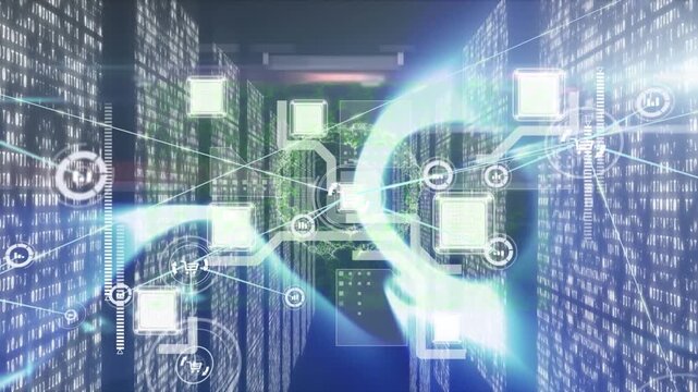 Animated bionic hand secures server room in global tech concept video.