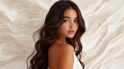Naklejka premium Beautiful young woman with long wavy dark hair looking over shoulder, soft neutral background, natural beauty portrait