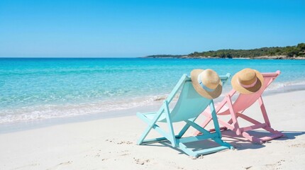 Fototapeta premium Two colorful beach chairs and straw hats on a sunny sandy shore
