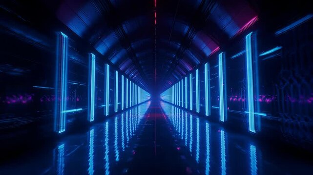 3D looped animation, seamless abstract futuristic blue room corridor, tunnel with neon lights. Fluorescent lamps, glowing light. Futuristic architecture background. Loop-able seamless 4K animation.