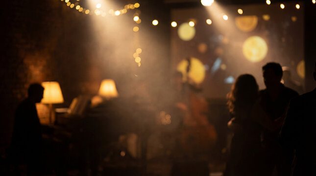 Atmospheric jazz club interior with live band and dancing silhouettes, moody speakeasy lounge with warm bokeh lights, vintage musical performance venue