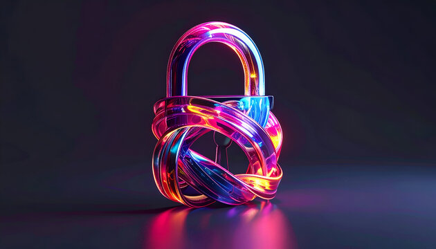Abstract glass padlock security encryption with colorful glowing illumination design