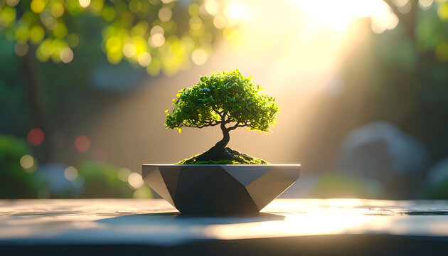 Bonsai tree in a modern pot on wood table with soft light and bokeh background
