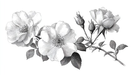 Naklejka premium Delicate rose blooms and buds detailed botanical illustration flower drawing