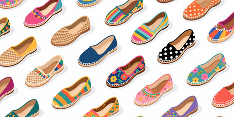 Fototapeta premium A repeating arrangement of variously designed and colorful flat shoes, primarily ballet flats and loafers, on a white background.