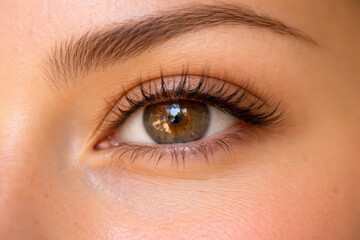 Obraz premium Close up eye brown eye eyebrow eyelashes skin texture human eye natural light healthy skin female eye macro photography
