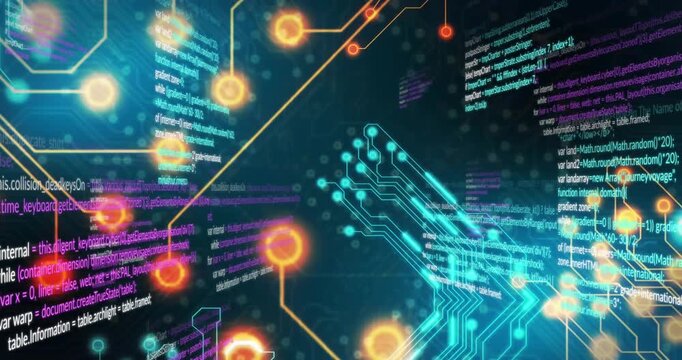 Animation of circuit board pattern and computer language over black background