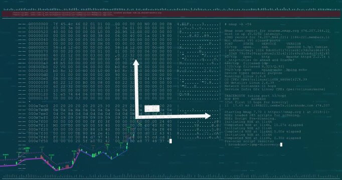 Animation of diagram and data processing on blue background