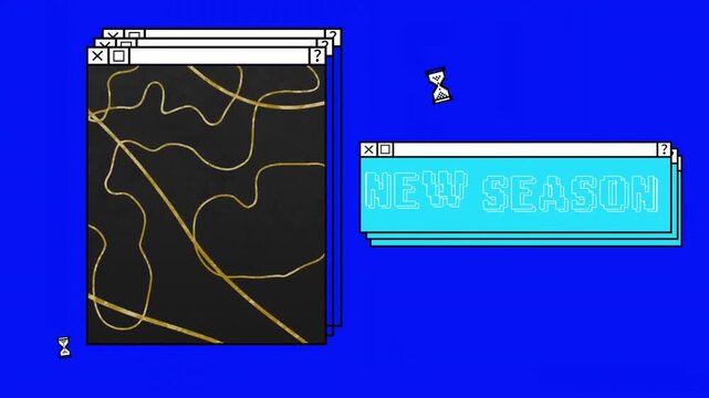 Animation of new season text and abstract pattern on black on windows over blue desktop