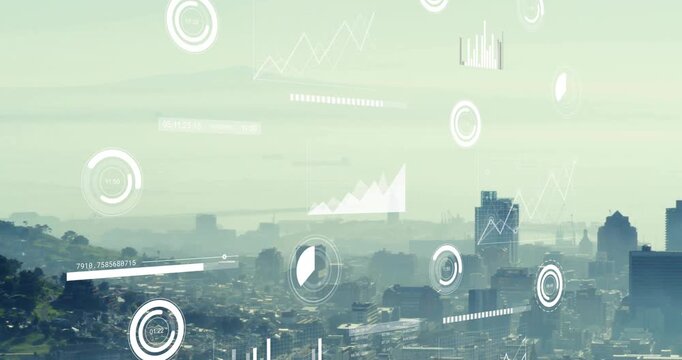 Animation of diagrams and data processing over cityscape