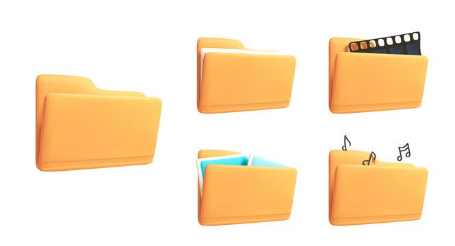 3D Folder Icon set with Documents, Video, and Music File isolated on white background