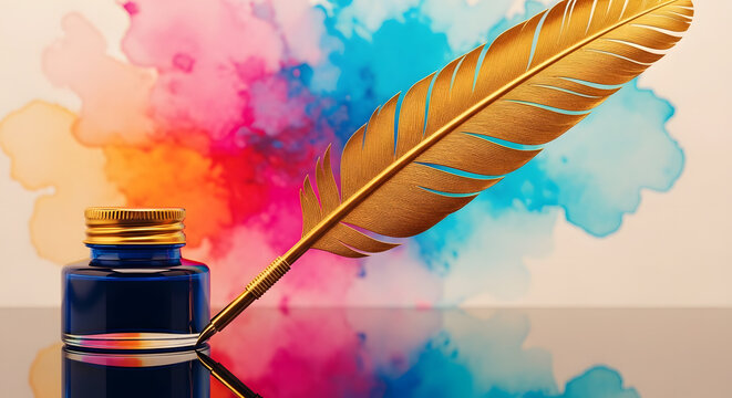 Vibrant quill pen and inkwell against colorful watercolor background