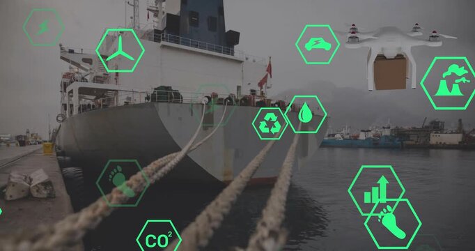 Animation of eco icons and data processing over drone with box and sea port