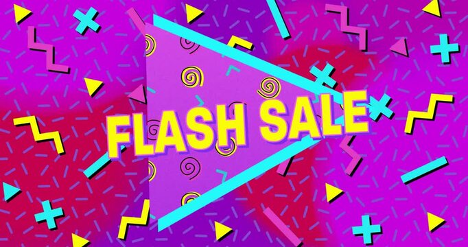 Animation of flash sale text in yellow with abstract shapes on pink background