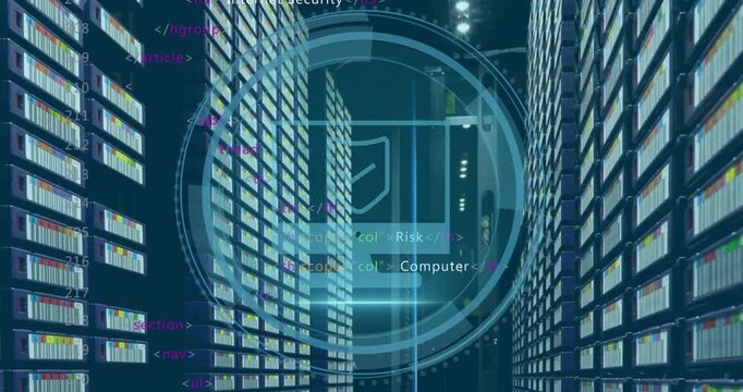 Animation of shield icon and data processing over computer servers