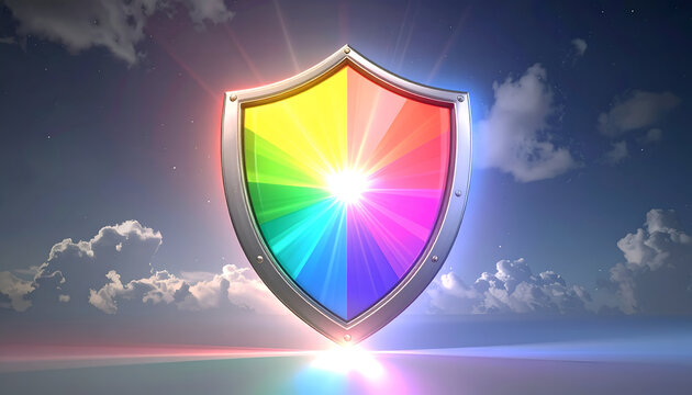 Colorful radiant shield emblem with light rays on sky background for protection design
