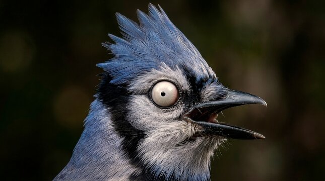 Blue jay bird close up with wide eyes expression meme style wildlife portrait