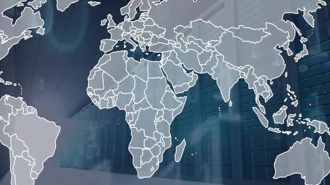 Map silhouette fading triggers outline tracing and binary streams drifting to visualize data sync