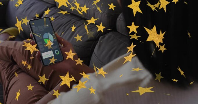 Golden star overlay appearing at start, woman tilting phone, tapping and reviewing pie chart data