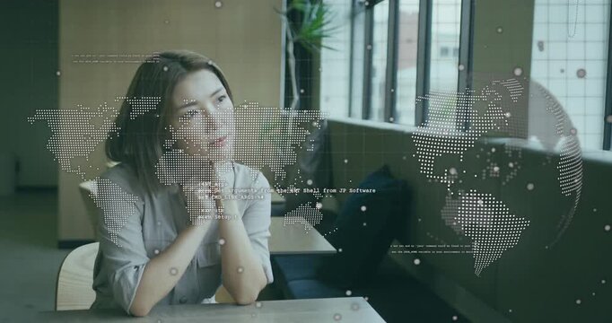 Woman resting chin on fingers initiating digital world-map overlay and code text for tech analysis