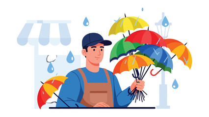 Rainy Day Umbrella Seller: A friendly umbrella vendor stands proudly, offering a vibrant array of umbrellas against a backdrop of gentle rain and a cheerful storefront. © Ajhar234