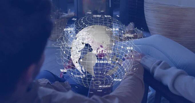 Couple touching hands, materializing rotating holographic globe pulsing data nodes for tech demo