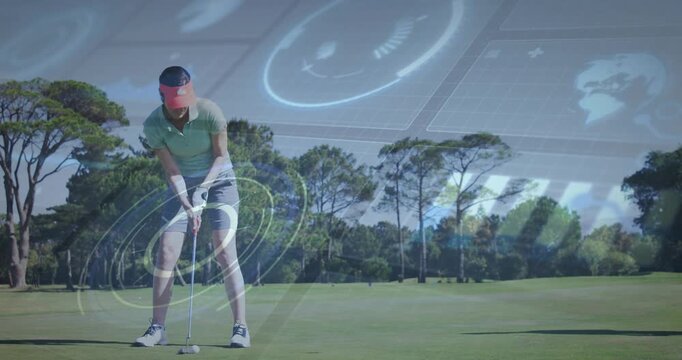 Golfer woman aligning putter to ball as holographic interface fading in guiding stroke precision