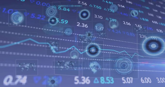 Animated financial dashboard updating after market tick, HUD targets pulsing to highlight data