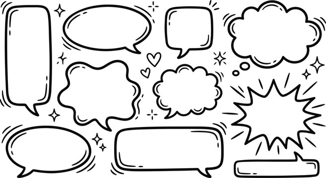 A set of various speech bubbles and thought clouds in a line art design vector silhouette, perfect for adding text and conversation to illustrations and graphic designs.