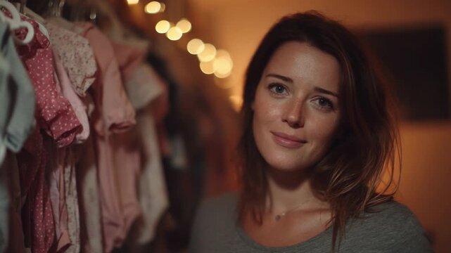 Anticipation and Sweetness: A woman stands in front of baby clothes, conveying a sense of hopeful expectation in the warm glow of the room.