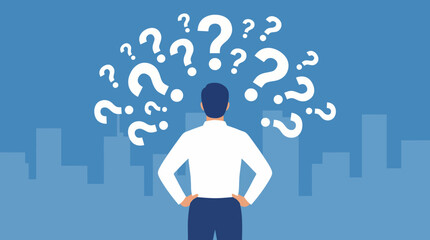 A man stands with his back to the viewer, surrounded by numerous question marks, contemplating a problem or seeking answers against a blue city background. © Abhinaya Project