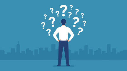 A man stands with his back to the viewer, surrounded by question marks, contemplating a decision or problem with a city skyline in the background. © Abhinaya Project