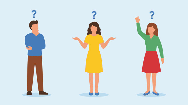 Three diverse people with question marks above their heads, illustrating confusion, inquiry, or seeking answers in a simple vector style.