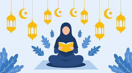 An illustration of a Muslim woman in hijab reading a holy book, surrounded by Islamic lanterns, crescent moons, and stars, symbolizing Ramadan or Eid. © Abhinaya Project