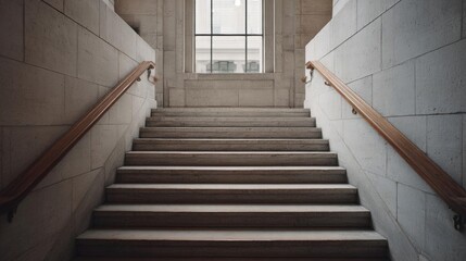 Fototapeta premium Set of stairs in a modern building. the stairs are made of concrete and have a wooden handrail on either side.