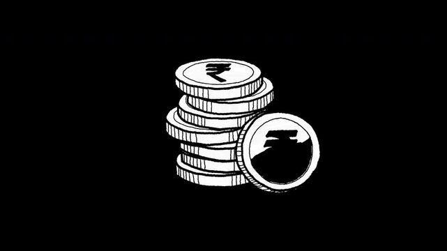 4K Animated Video of White Sketch Indian Rupee Coins Stack on Transparent Background