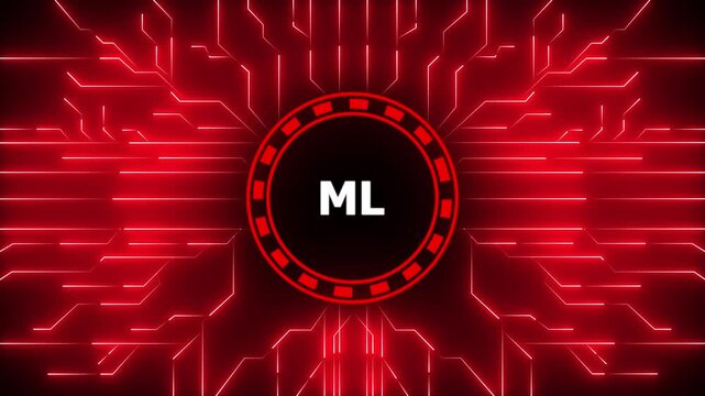 ML &ndash; Machine Learning. ML concept head up display (HUD UI) panel and futuristic technology . Digital Data moving on Circuit Board and CPU . Computer Processing and organizing data.4k animation video.