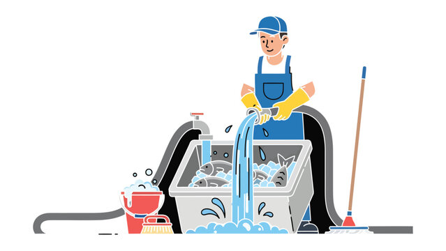 Fish Processing: A diligent worker expertly cleans a tub of fish, ensuring freshness and quality, surrounded by the tools of his trade.