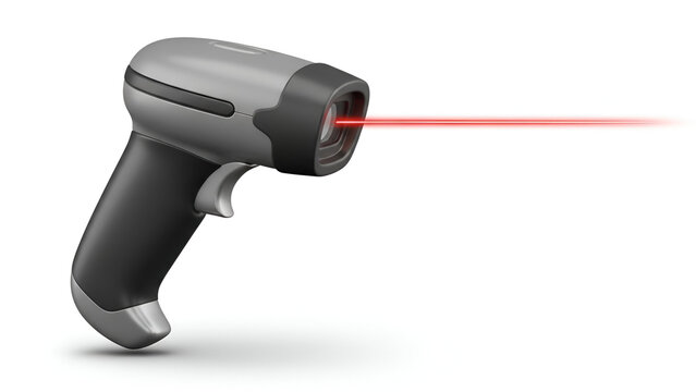 Barcode scanner with red laser reading data on white background for commercial use