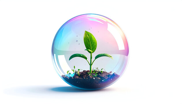 Green plant sprout growing in transparent iridescent bubble on white background