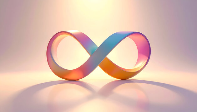 Infinity symbol rendered in iridescent gradient; 3D geometric shape for endless design
