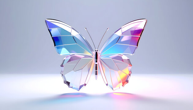 Low poly butterfly with iridescent wings in polygonal style on soft studio backdrop